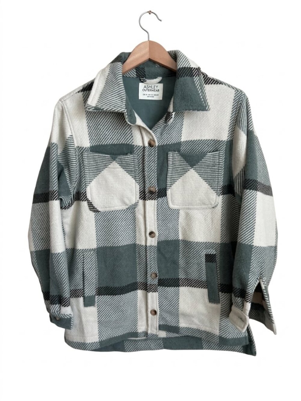 Plaid Shacket Shirt Jacket Green Cream Lined Button Front Pockets Women's Small